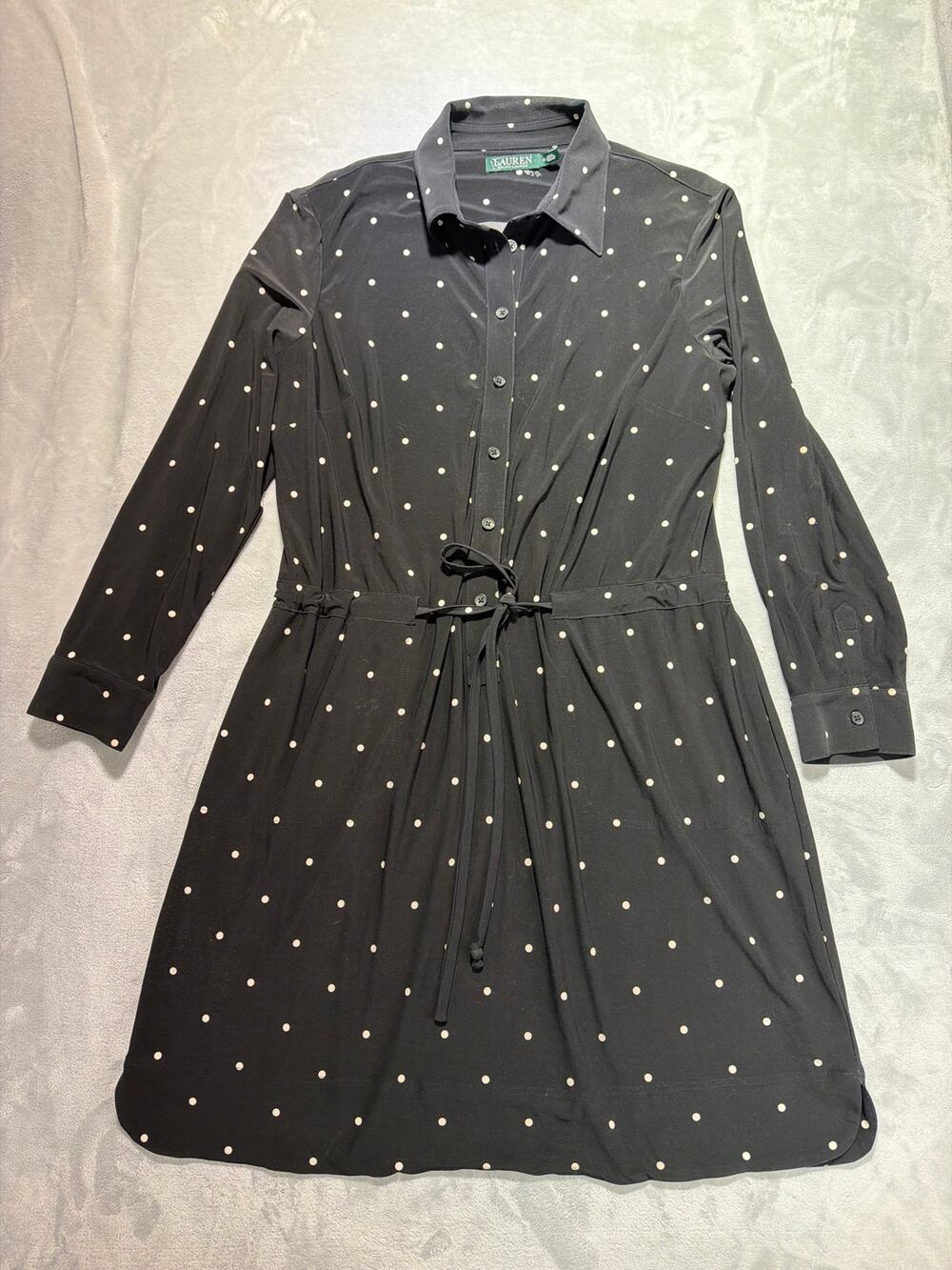 Lauren Ralph Lauren Dress 18 Navy Blue White Polka Dot Jersey Shirt Long Sleeve